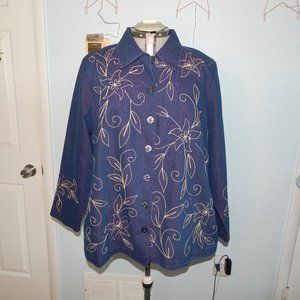 Liz and Me Plus Size 1X Blue Pink Denim Floral Jacket Coat Button Up Pockets